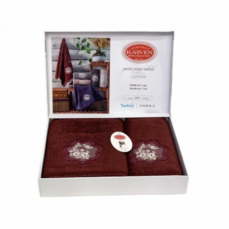 Набор полотенец махровых хлопковых в коробке KARVEN HS1687 PORTRE V6 бордовый 50х90 (1шт), 70х140 (1шт)