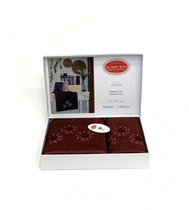Набор полотенец махровых хлопковых в коробке KARVEN HS1676 KARDELEN V6 бордовый 50х90 (1шт), 70х140 (1шт)