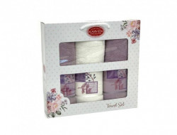 Набор полотенец махровых хлопковых KARVEN HS1635 KARELI CICEK V9 кремовый-сиреневый 50х90 (2шт), 70х140 (1шт)