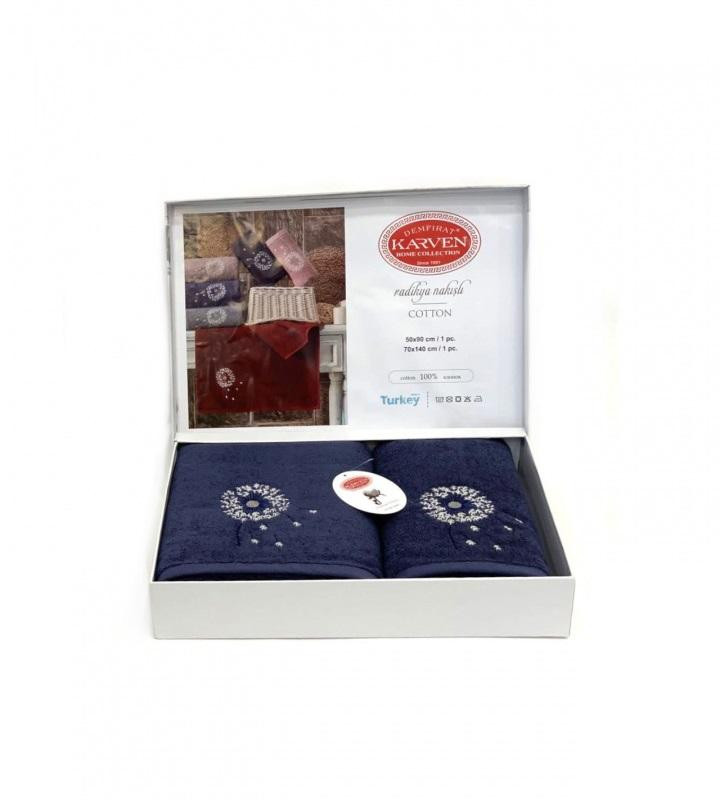 Набор полотенец махровых хлопковых в коробке KARVEN HS1674 RADIKYA V5 синий 50х90 (1шт), 70х140 (1шт)