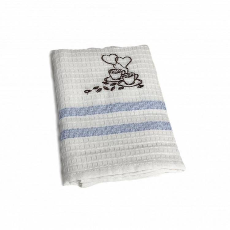 Набор кухонных полотенец вафельных хлопковых KARVEN HM779 КОФЕ С СЕРДЕЧКАМИ V3 голубой 50х75 (12шт)