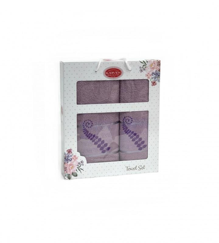 Набор полотенец махровых хлопковых KARVEN HS1622 KIVRIMLI YAPRAK V7 сиреневый 50х90 (1шт), 70х140 (1шт)