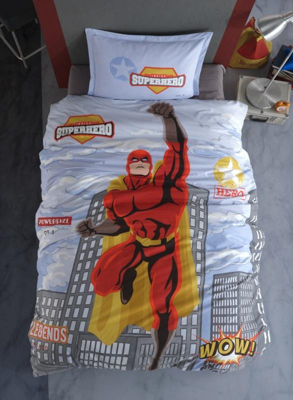 Покрывало детское из хлопка стеганое KARVEN Y923/1 SUPERHERO V1 GRI 180х240 с наволочкой 50х70