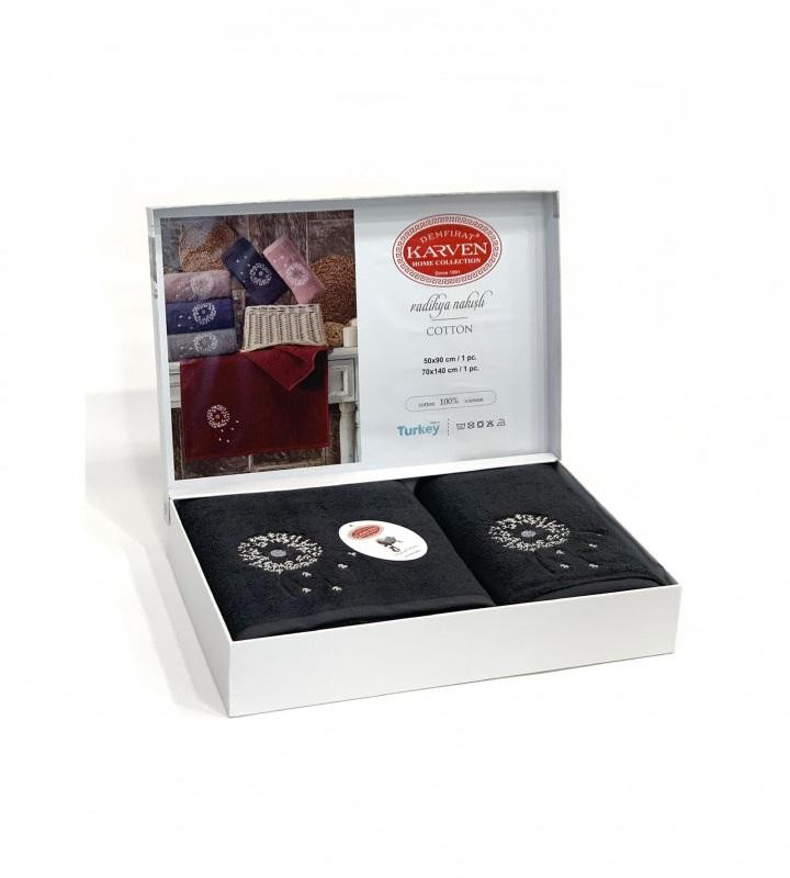 Набор полотенец махровых хлопковых в коробке KARVEN HS1674 RADIKYA V2 антрацит 50х90 (1шт), 70х140 (1шт)