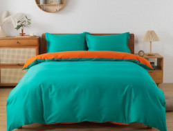Постельное белье с простыней на резинке из сатина TANGO бирюзовое-оранжевое евро